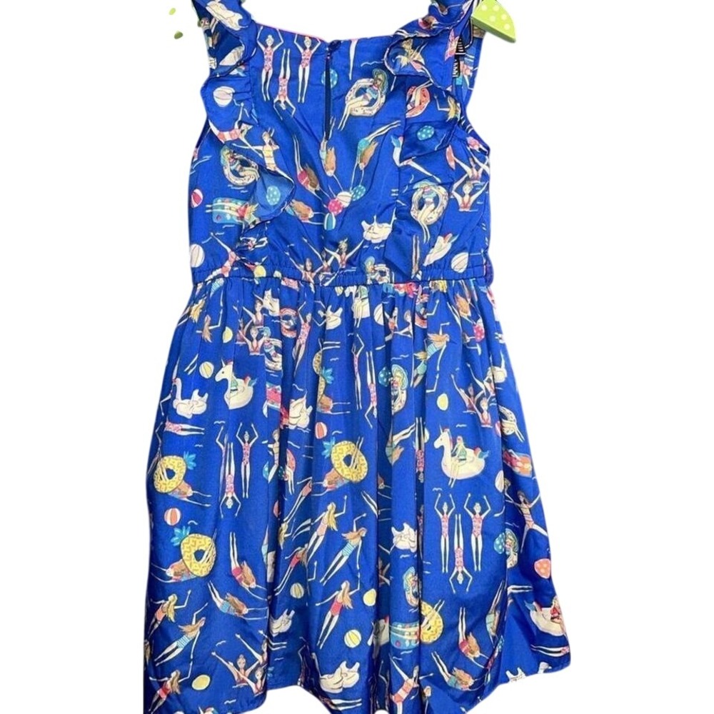 Monsoon Girls Blue Swimmer Pool Float Print Ruffle Dress Size 6 Years